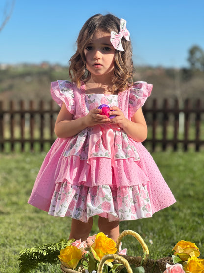 Sonata Pink Plumetti & Rose Ruffle Dress & Hair Bow - (Made To Order)