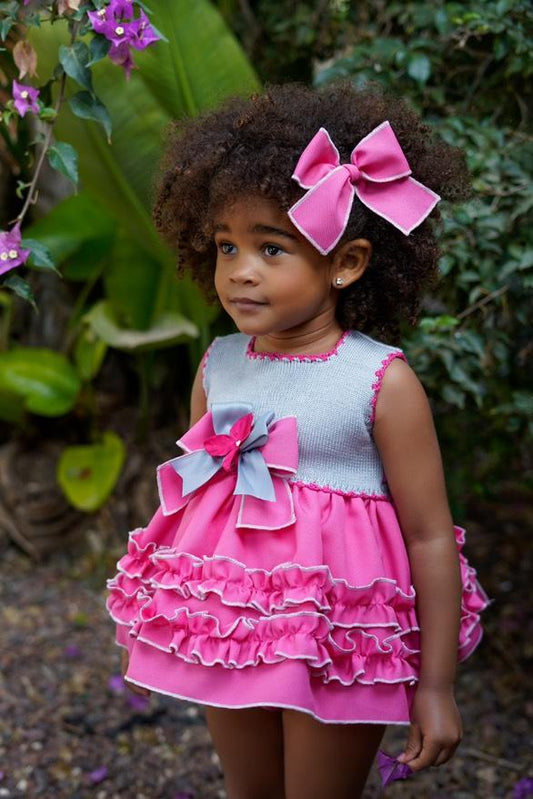 Ela Confeccion SS25 Girls Half Knit Pink Ruffle Dress, Knickers & Hairpiece - (Made to order)