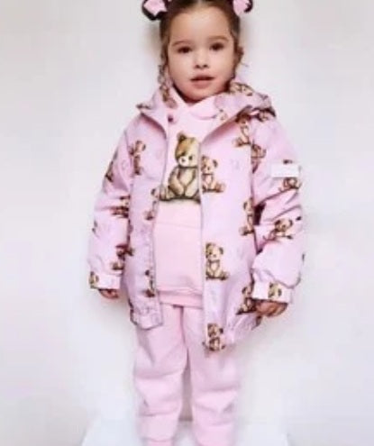 Girls Baby Pink All Over Teddy Bear Raincoat