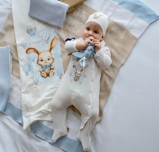 Baby Boys Balloon & Bunny Babygrow, Hat & Swaddle Set