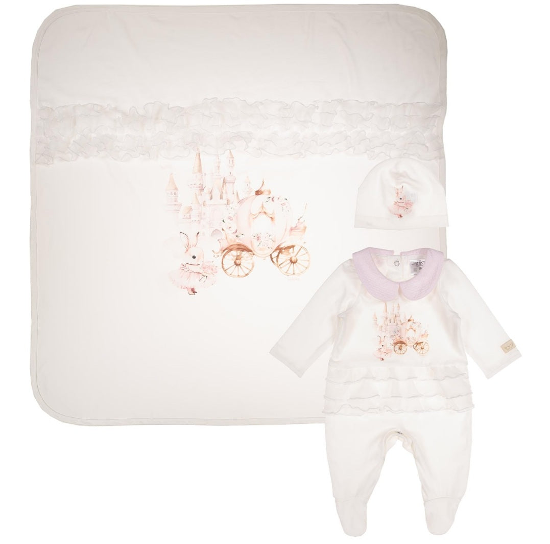 Baby Girls Teona Princess Castle & Carridge Babygrow, Hat & Swaddle Set