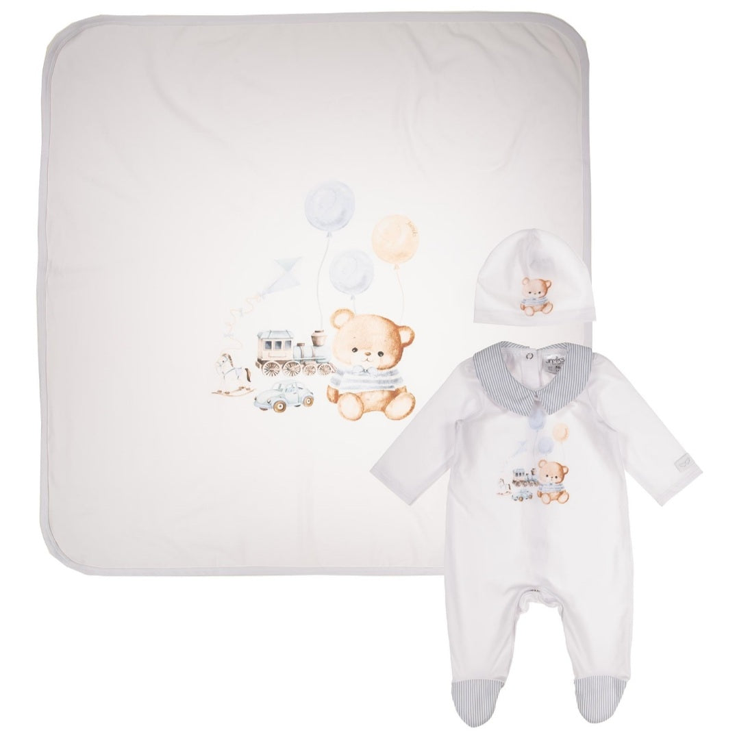 Baby Boys Otto Teddy & Toys Babygrow, Hat & Swaddle Set