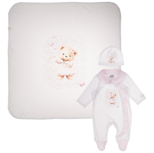 Baby Girls Neia Teddy Love Babygrow, Hat & Swaddle Set