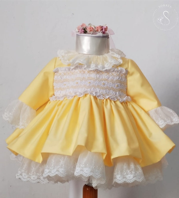 Sonata Yellow Hand Smock Frill Puffball Dress (Made to order)