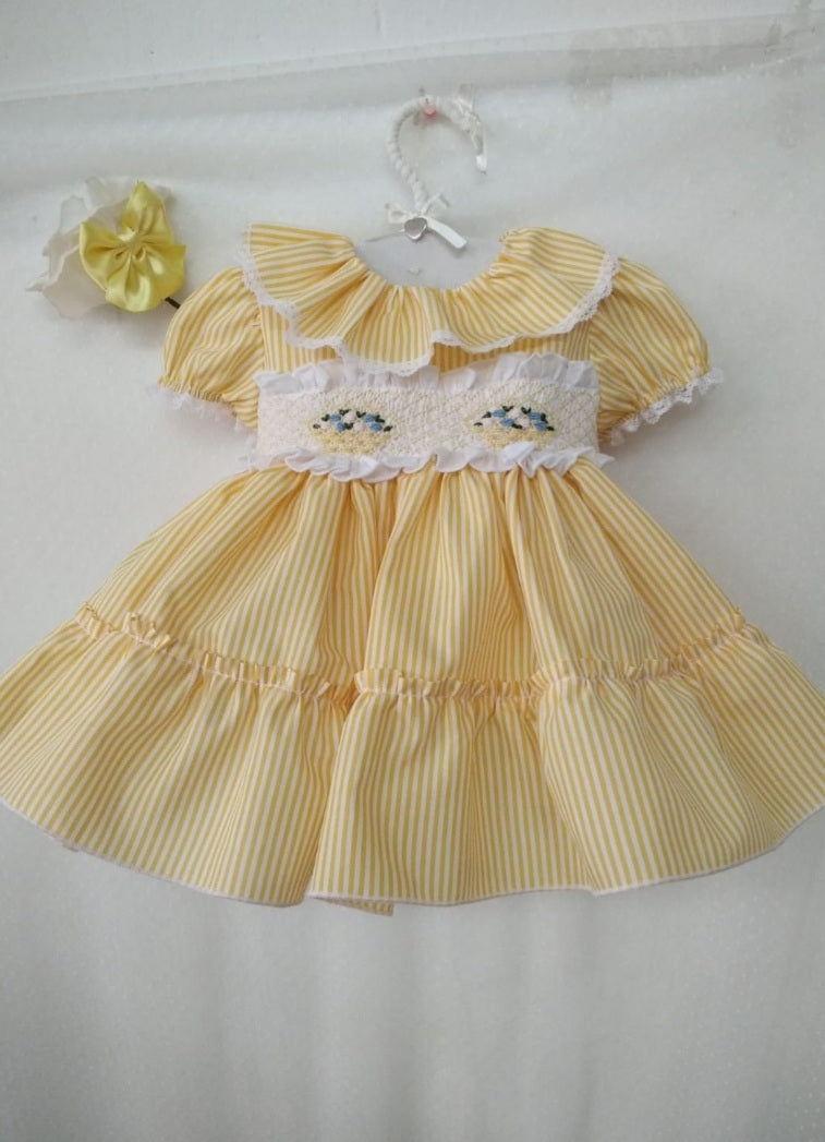 Sonata Easter Basket Pinstriped Hand Smocked Dress - (Made To Order)