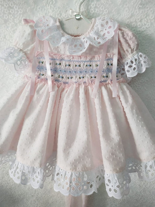 Sonata Pink Plumetti Handsmocked Dress (Made to order)