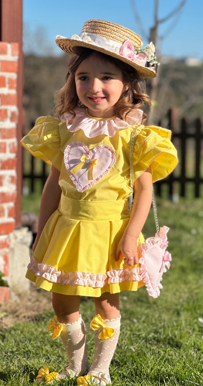 Sonata Girls Yellow Heart Blouse & Skirt Set - (Made To Order)