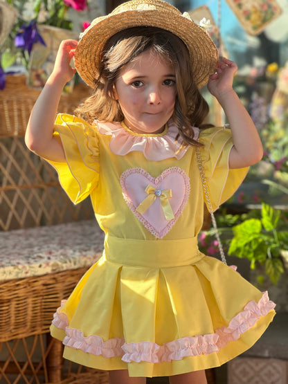 Sonata Girls Yellow Heart Blouse & Skirt Set - (Made To Order)