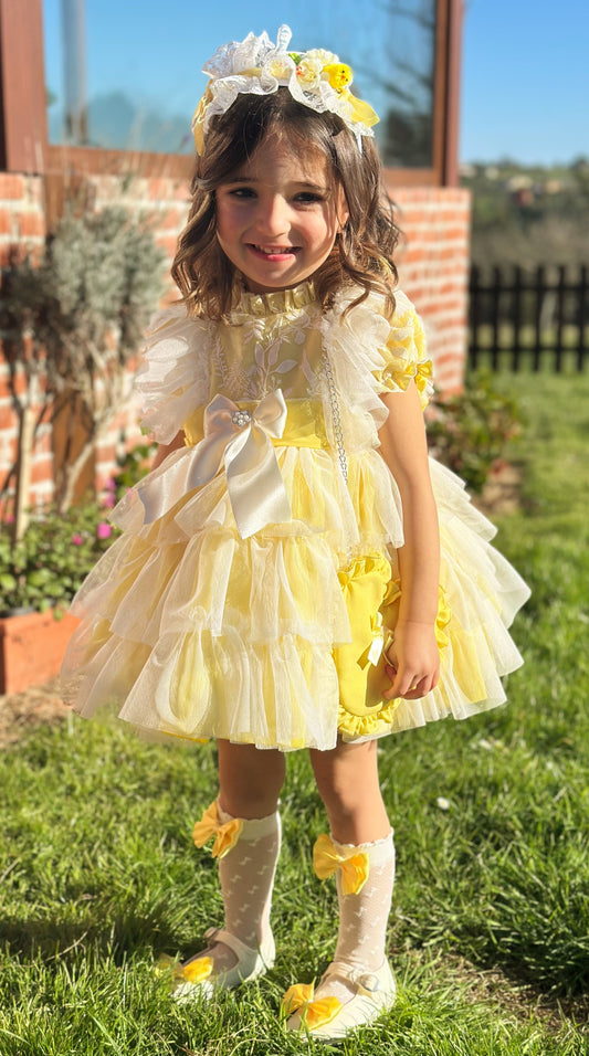 Girls Handmade Sunny Lemon Overlay Ruffle Dress - (Made To Order)