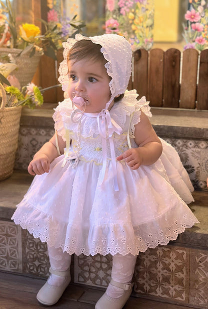 Sonata Girls White Plumetti Hand Smocked Dress - (Made To Order)