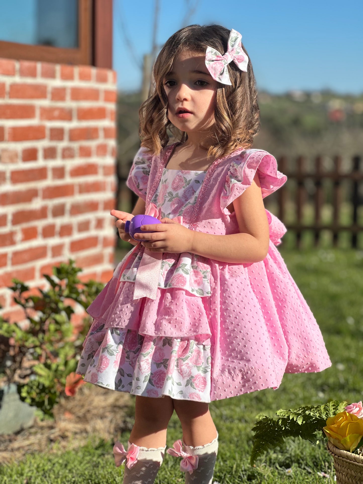 Sonata Pink Plumetti & Rose Ruffle Dress & Hair Bow - (Made To Order)