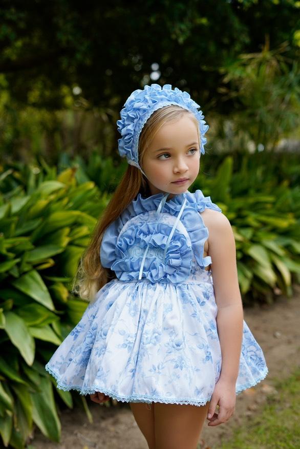 Ela Confeccion SS25 Girls Blue Floral Print Angele Pinny Puffball Dress & Knickers Set - (Made to order)