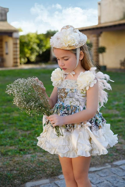 Ela Confeccion SS25 Girls Blanca Handmade Feather Puffball Dress & Knickers Set - (Made to order)