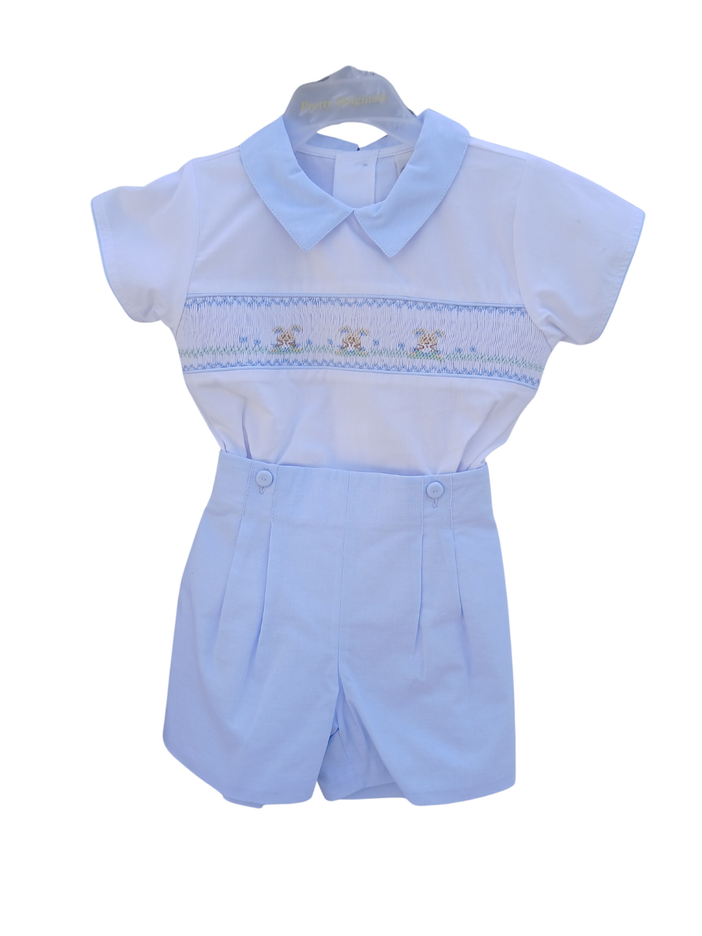 Boys Blue Bunny Embroidered Shirt and Short Set