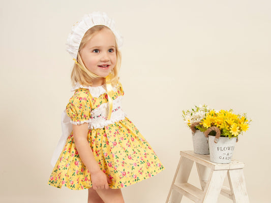 Girls Yellow Floral Hand Smocked Dress - (Made To Order)