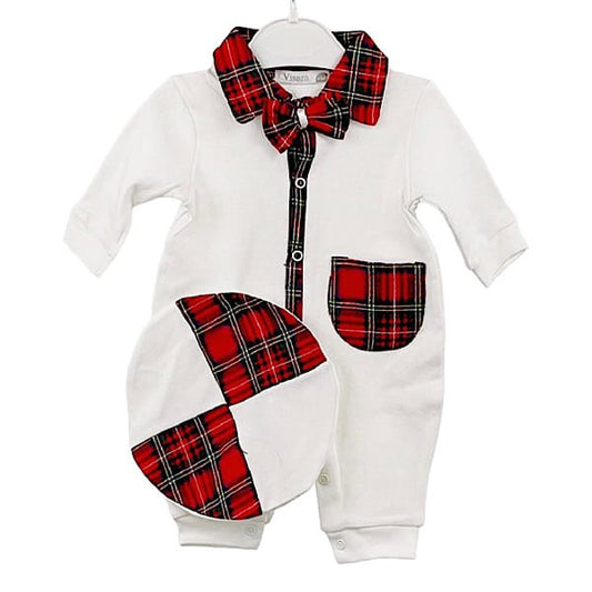 Boys white & Red Tartan Babygrow