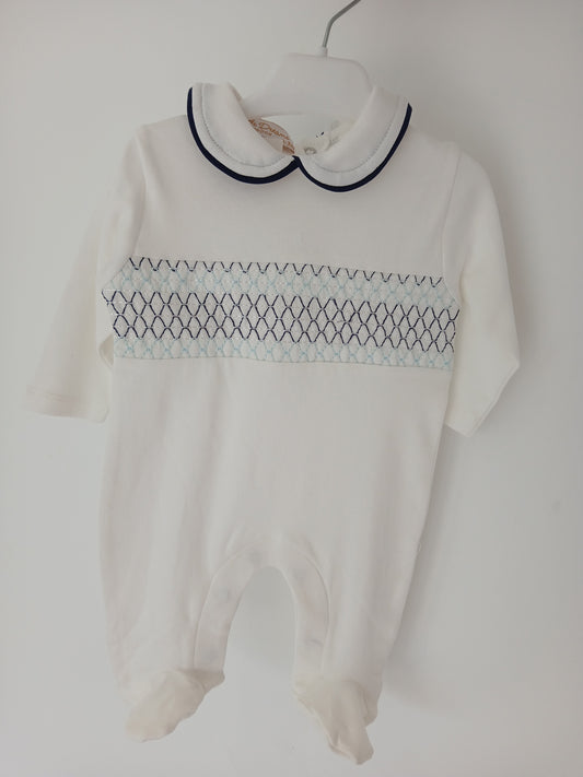 Baby Boys Smocked All In One Babygrow - Ivory/Navy