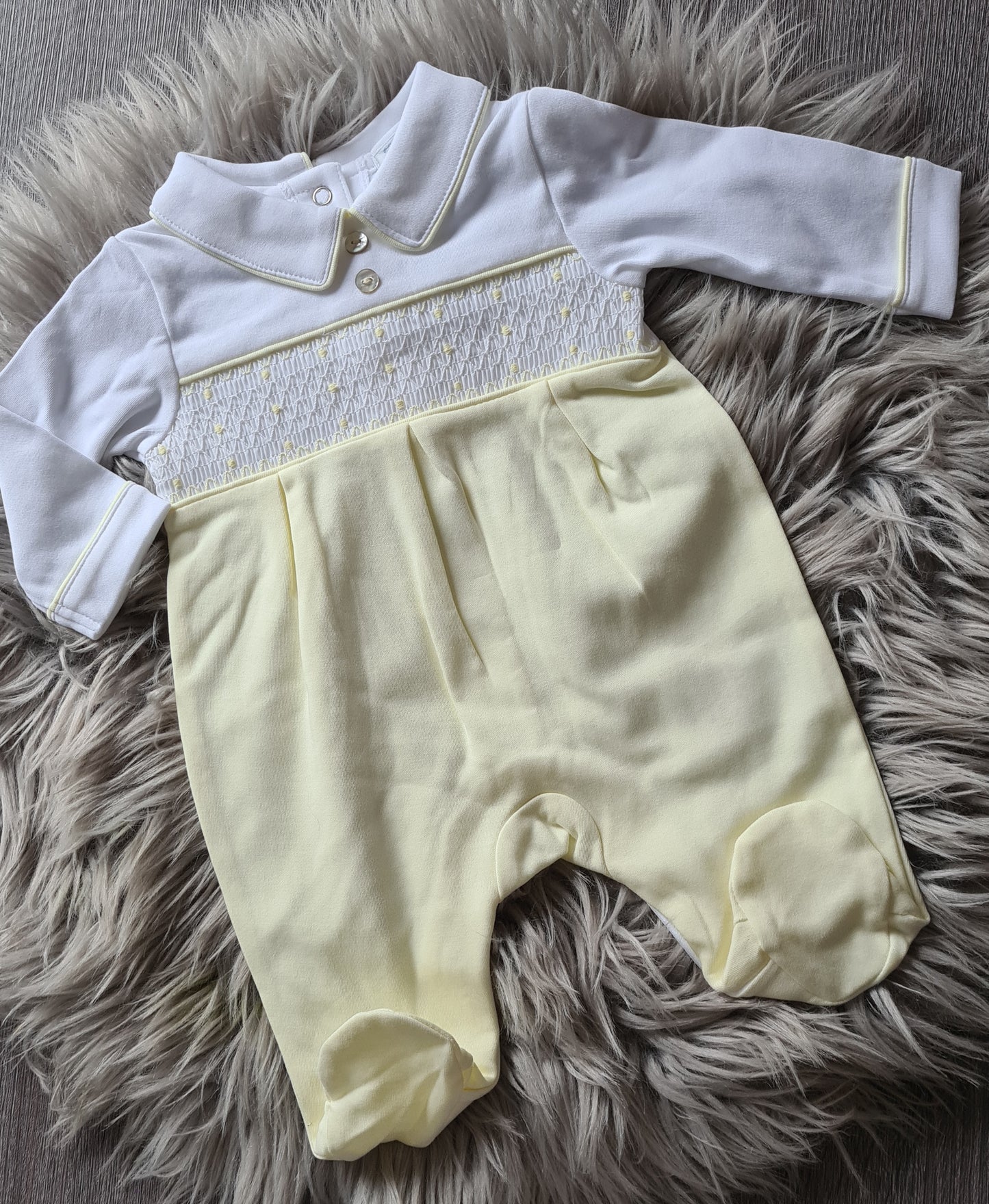 Baby Boys Yellow & White Smocked All In One Baby Grow