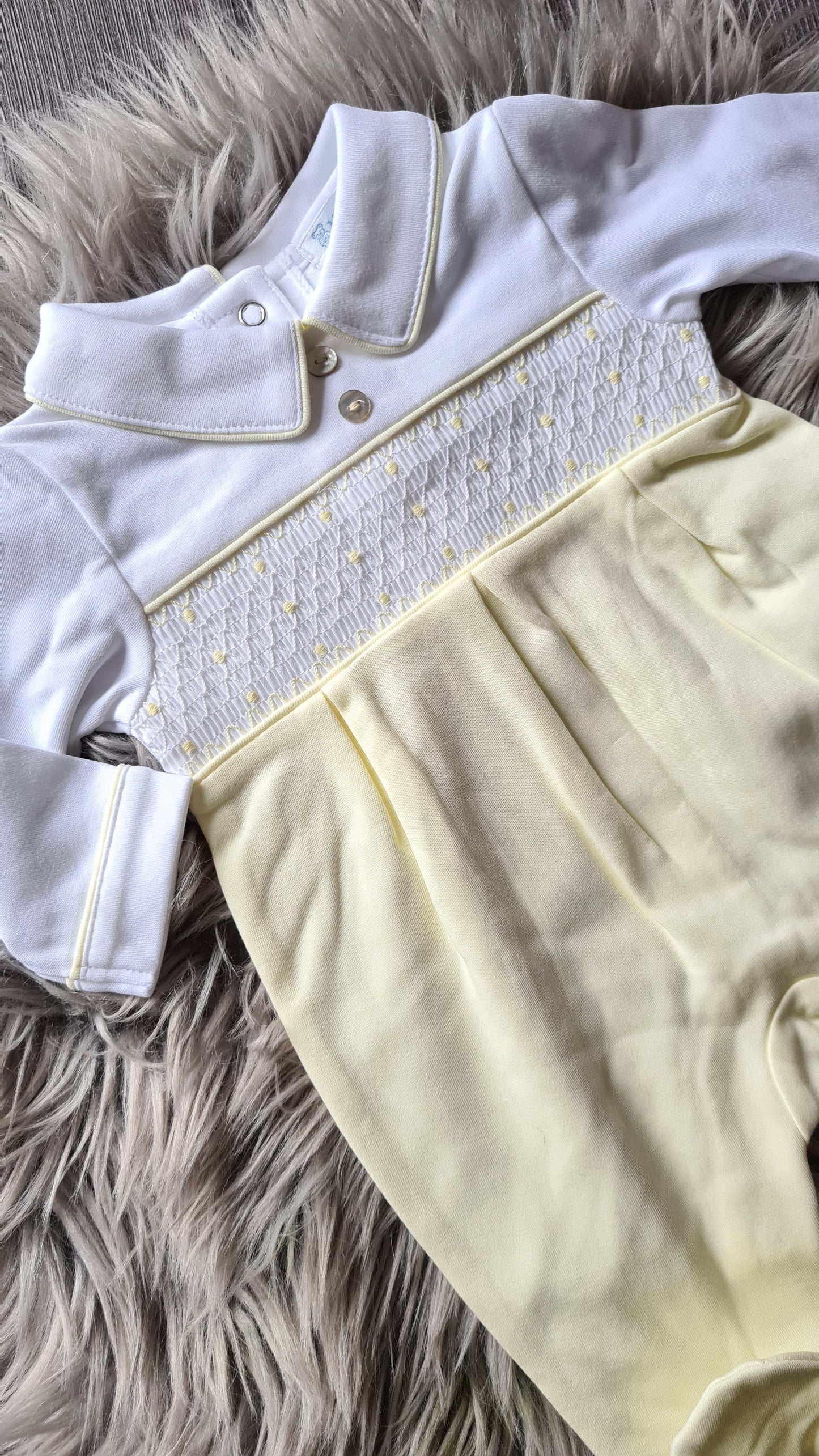 Baby Boys Yellow & White Smocked All In One Baby Grow