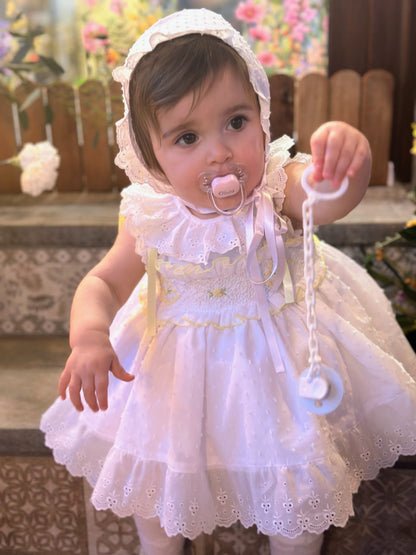 Sonata Girls White Plumetti Hand Smocked Dress - (Made To Order)