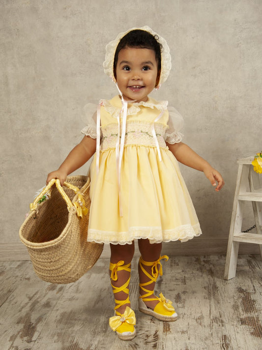 Sonata Girls Yellow Organza Heart Smocked Dress (Made to order)