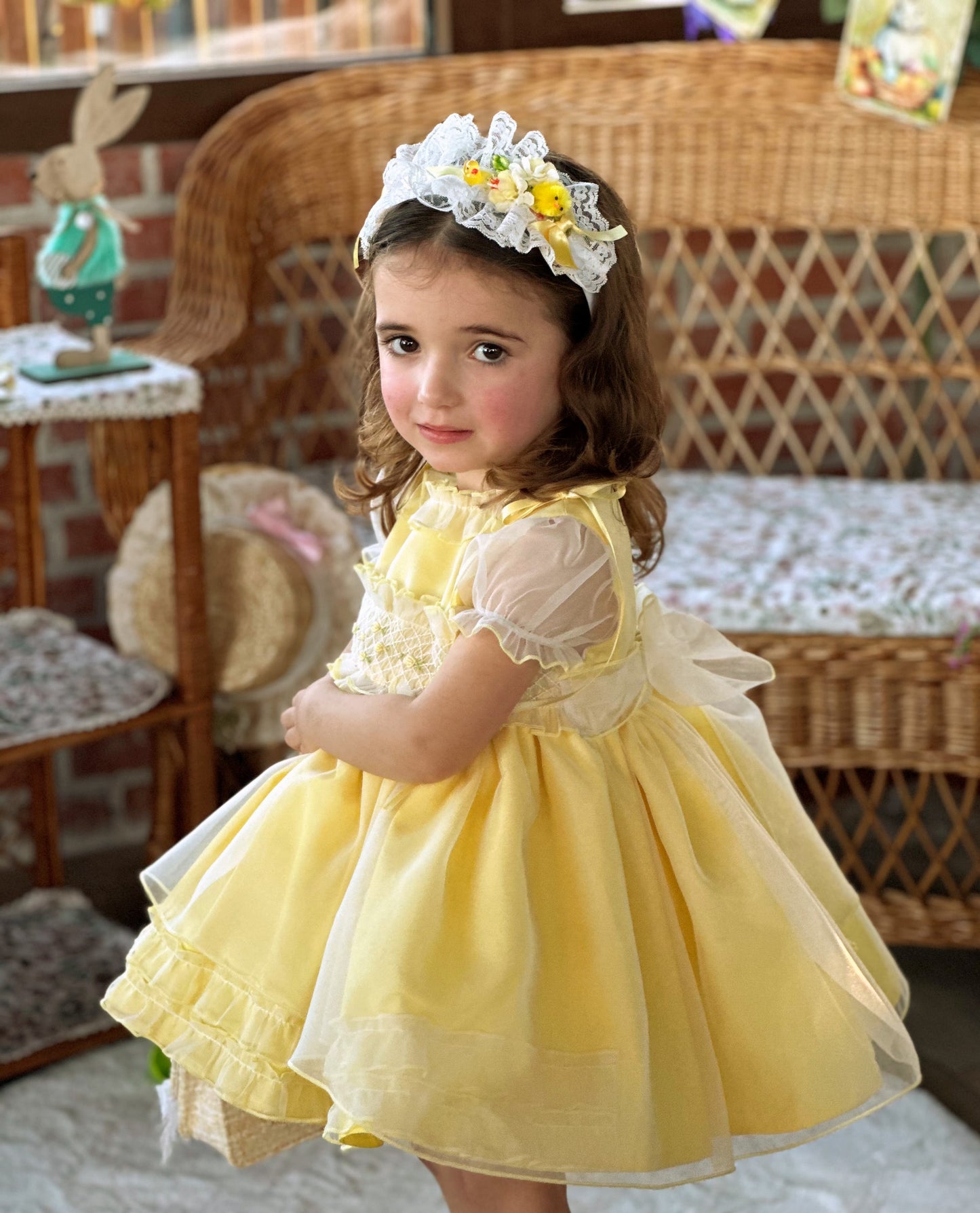 Girls Handsmocked Yellow Overlay Puffball Dress - (Made To Order)