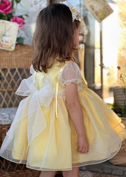 Girls Handsmocked Yellow Overlay Puffball Dress - (Made To Order)