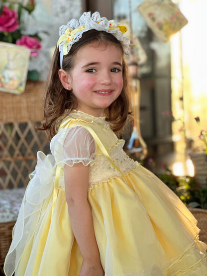 Girls Handsmocked Yellow Overlay Puffball Dress - (Made To Order)