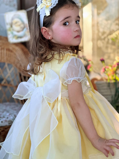 Girls Handsmocked Yellow Overlay Puffball Dress - (Made To Order)