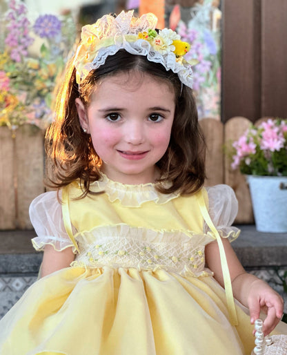 Girls Handsmocked Yellow Overlay Puffball Dress - (Made To Order)