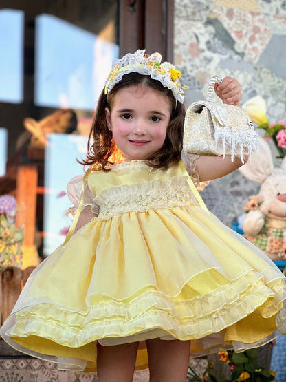 Girls Handsmocked Yellow Overlay Puffball Dress - (Made To Order)