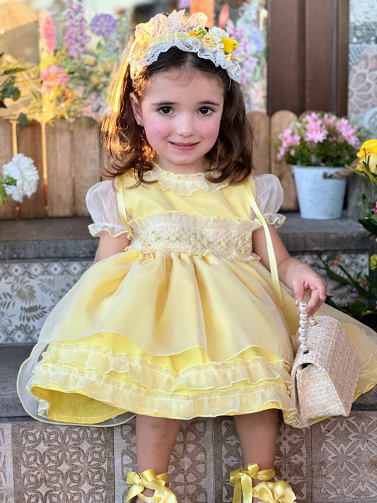 Girls Handsmocked Yellow Overlay Puffball Dress - (Made To Order)