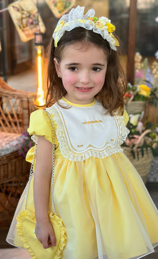 Girls Sonata Handmade Yellow Embroidered Puffball Dress - (Made To Order)