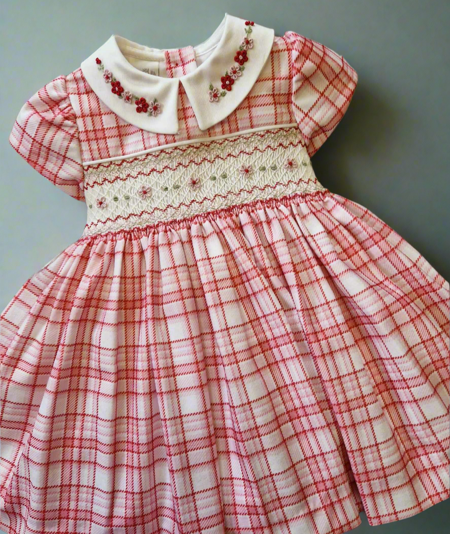 Girls Checked Smocked Embroidered Dress Set