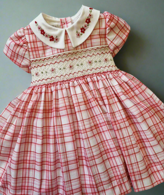 Girls Checked Smocked Embroidered Dress Set