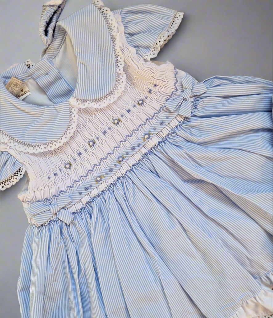 Girls Blue Striped Smocked Dress Set