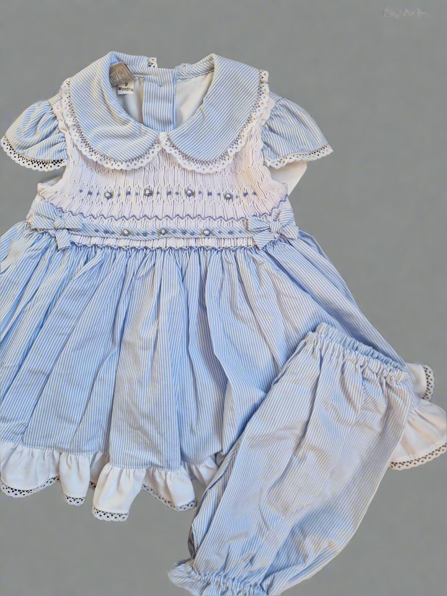 Girls Blue Striped Smocked Dress Set