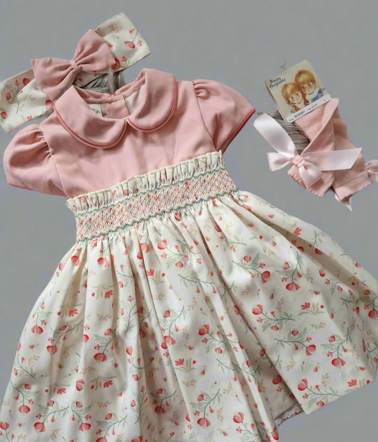 Girls Floral Smocked Embroidered Dress Set