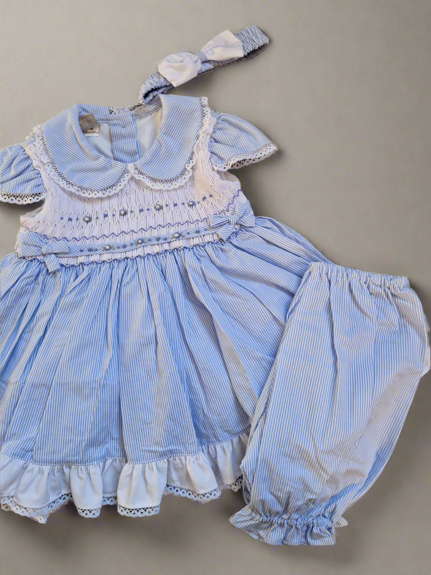 Girls Blue Striped Smocked Dress Set