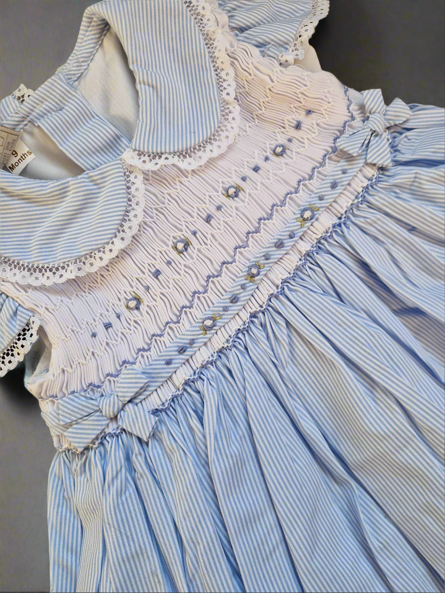 Girls Blue Striped Smocked Dress Set