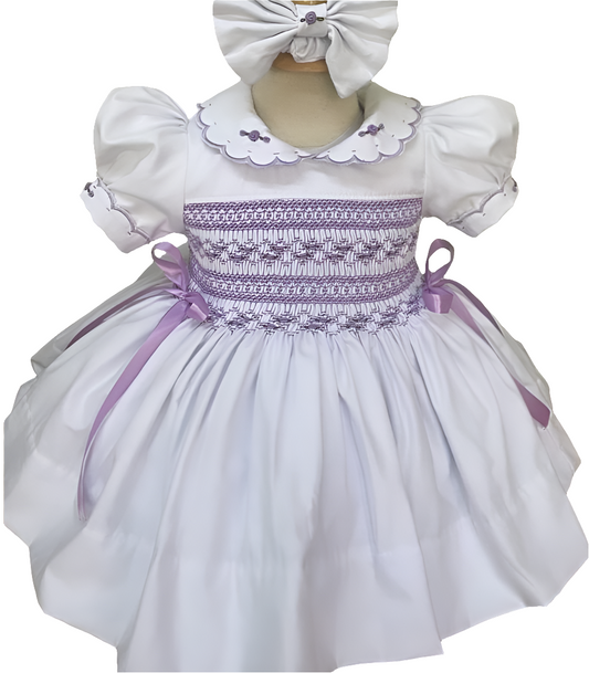 Florence White & Purple Handsmocked Dress (Made to order)