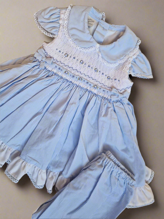 Girls Blue Striped Smocked Dress Set