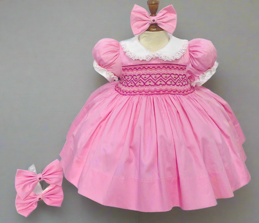 Girls Smocked Front & Back Hot Pink Dress