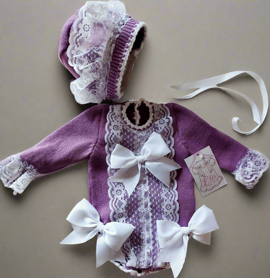 Ela Confeccion Purple Knitted Romper & Bonnet - (Made To Order)