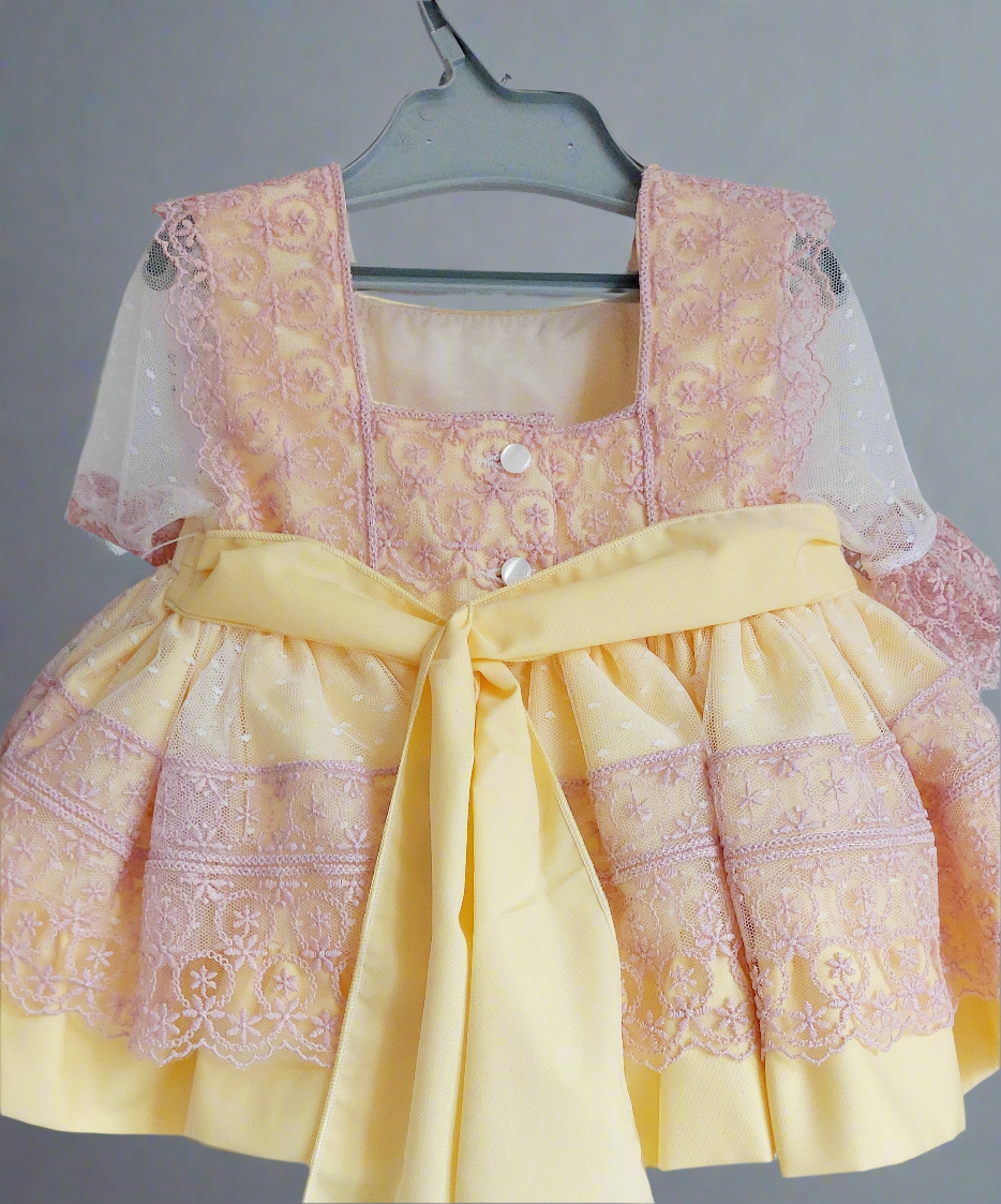 Yellow & Pink Lace Overlay Puffball Dress - (Made To Order)