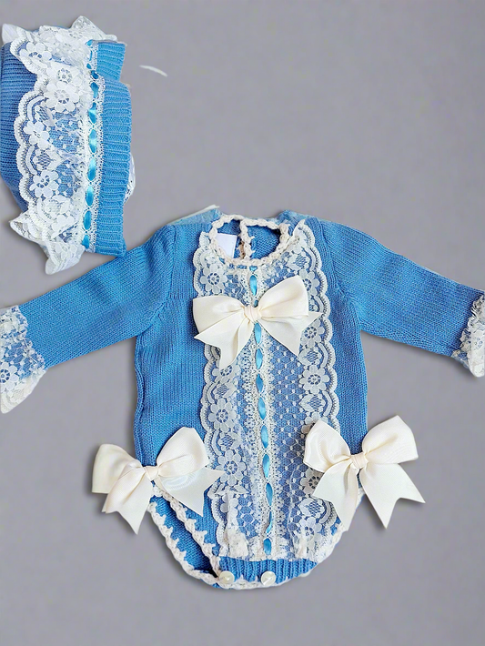 Ela Confeccion Blue Hand Knitted Romper & Bonnet - (Made To Order)