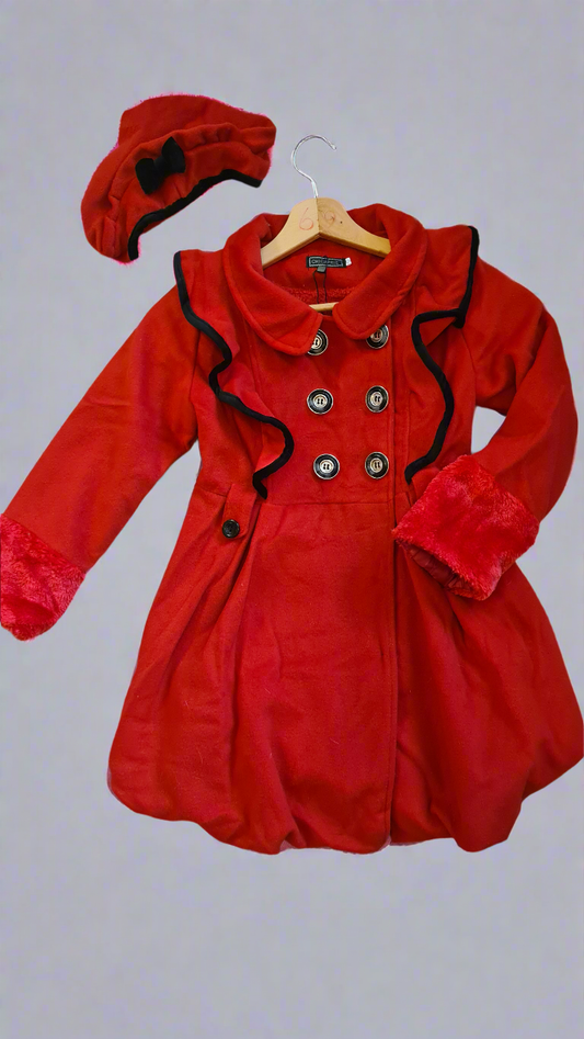 Girls Red Faux Fur Cuff Coat