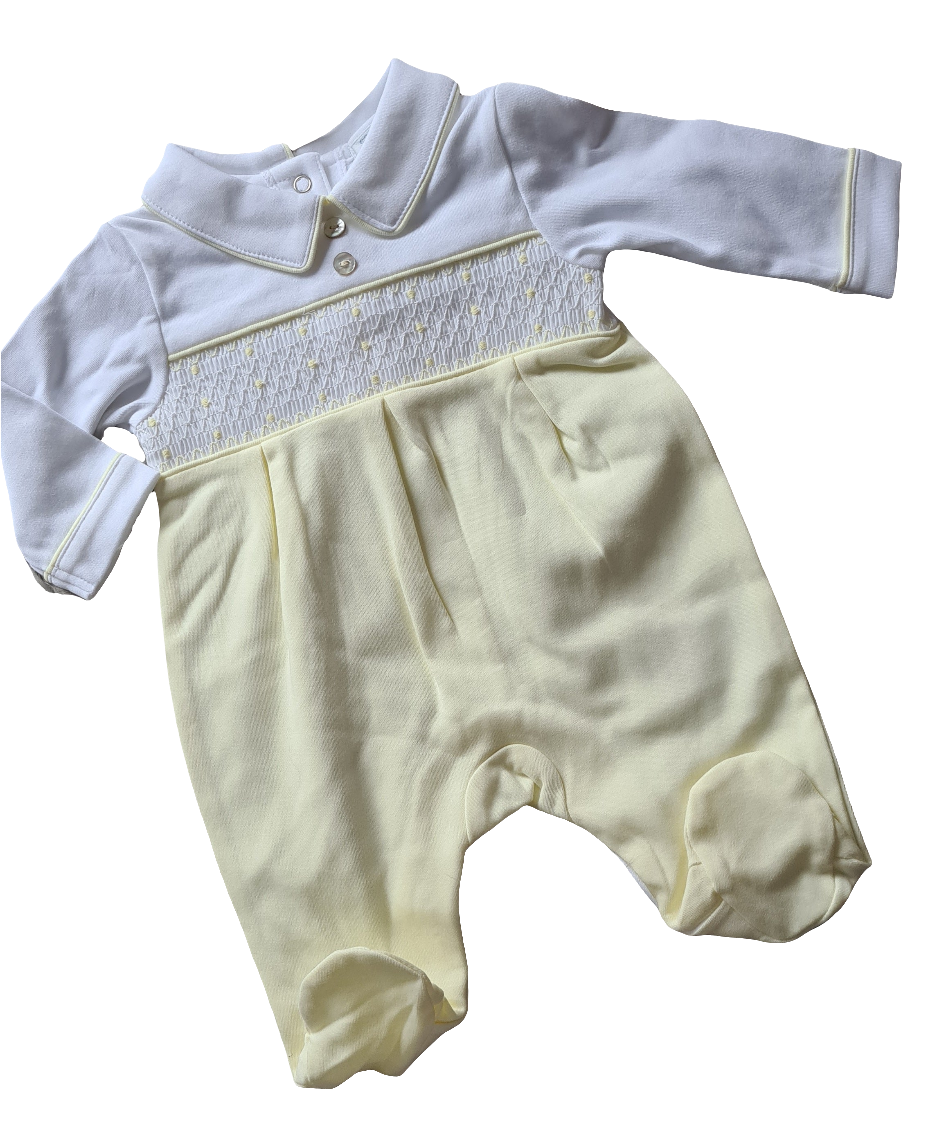 Baby Boys Yellow & White Smocked All In One Baby Grow