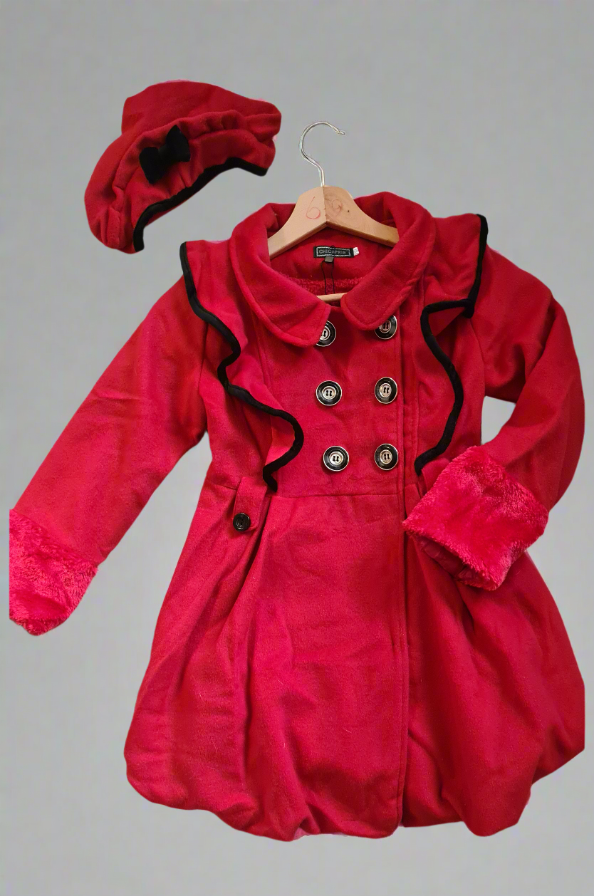 Girls Red Faux Fur Cuff Coat