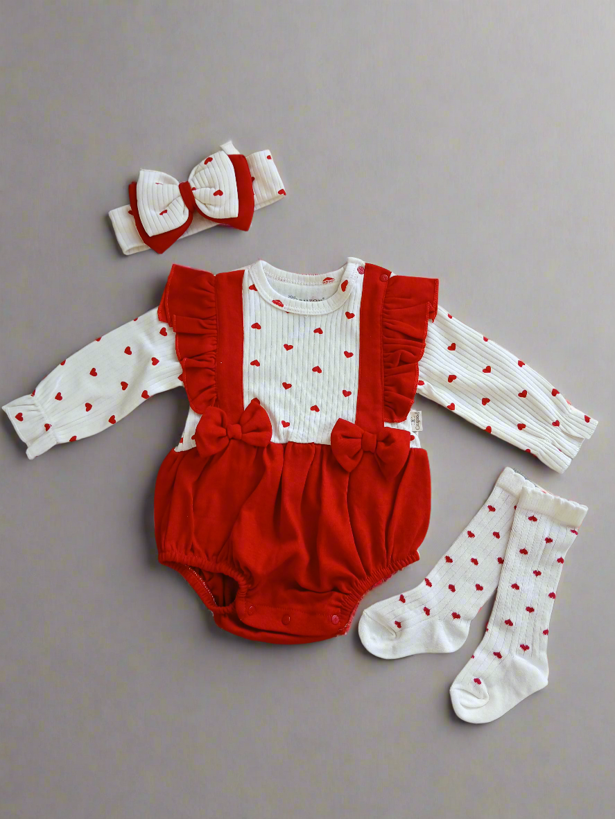 Girls Red Heart Romper with headband & socks